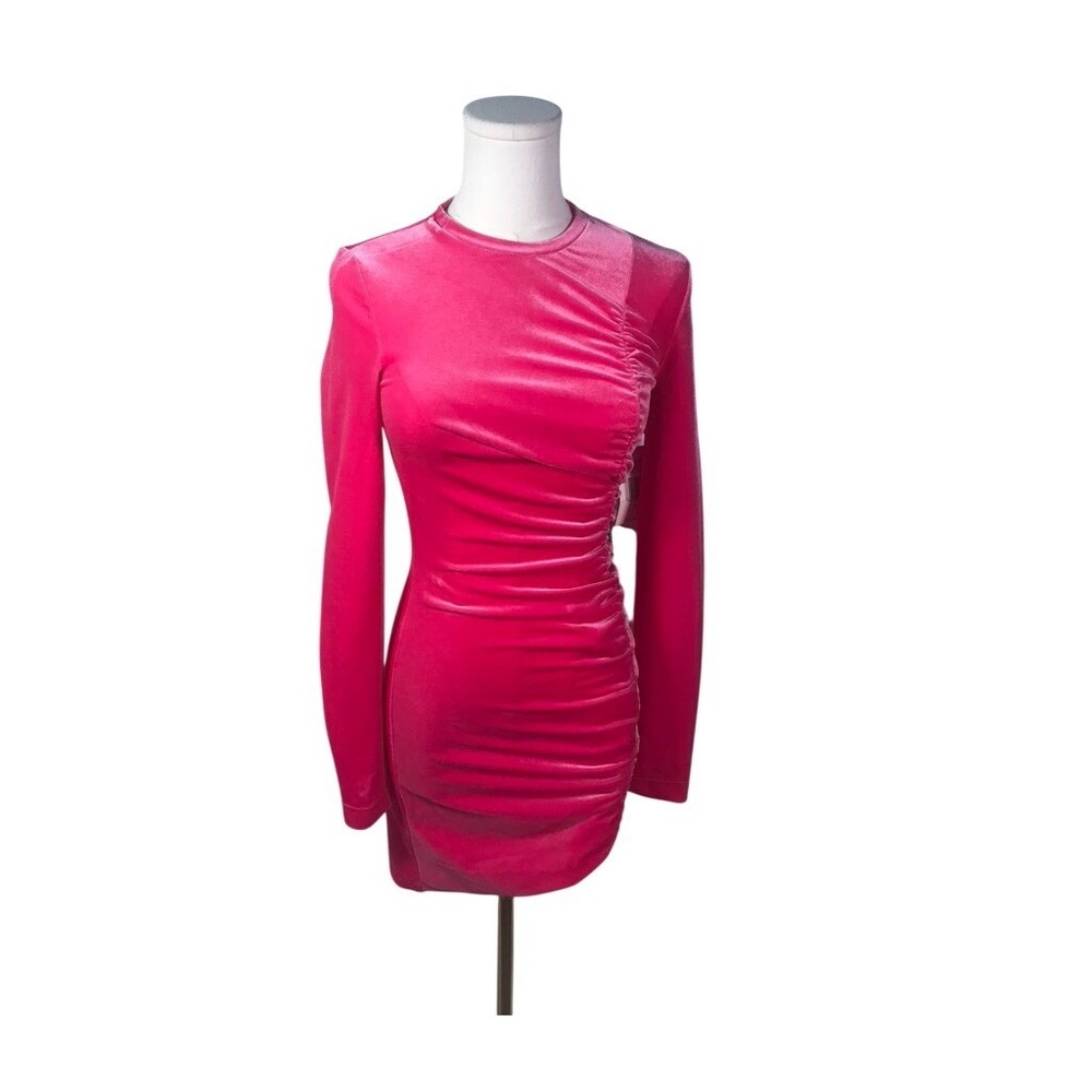 Juicy Couture Velvet Ruched Bodycon Mini Dress Hot Pink Long Sleeve XS Valentine